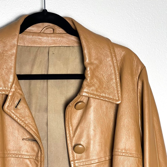 70s vintage genuine leather jacket light brown long coat trench large oversized - Picture 10 of 11